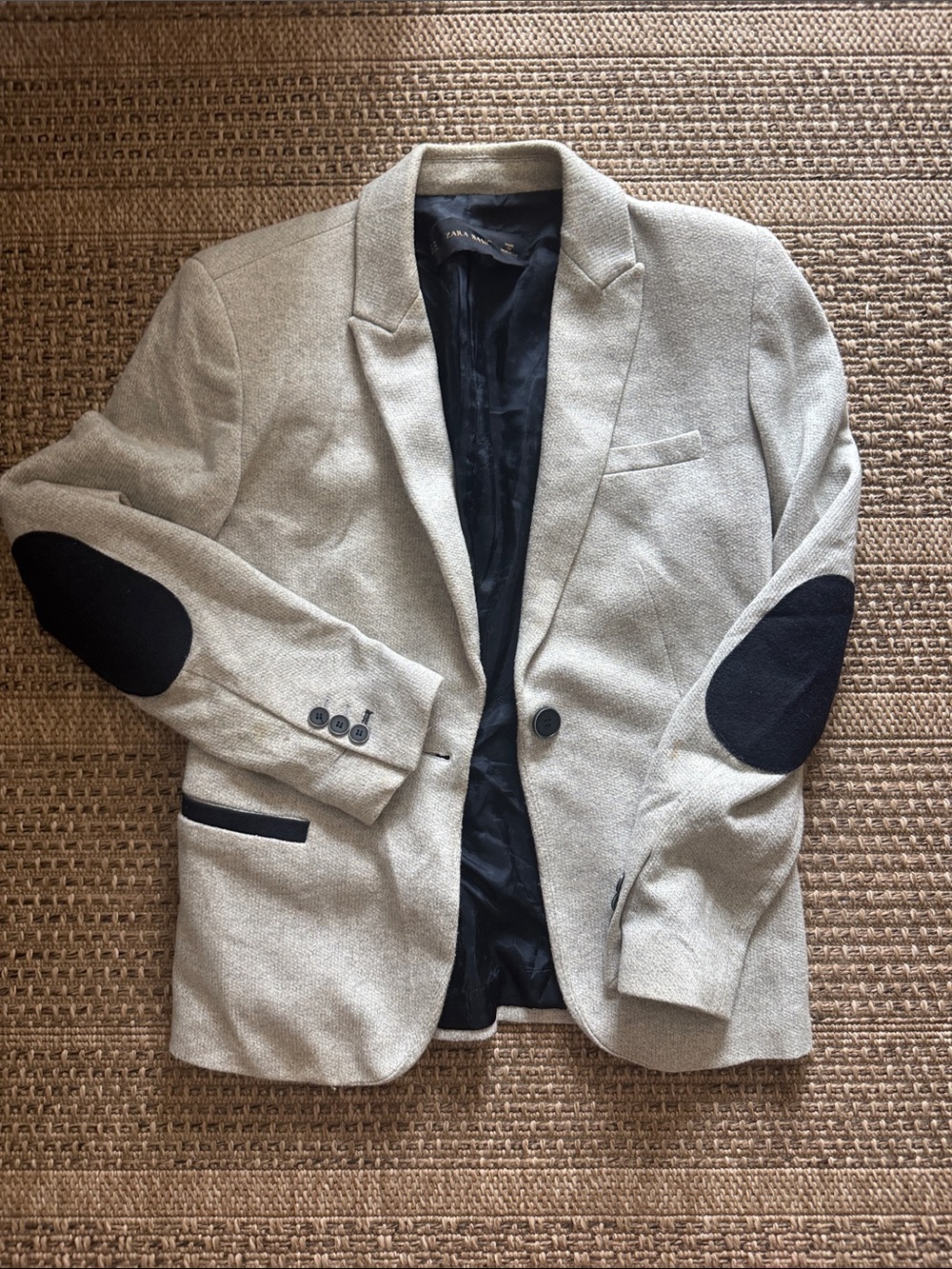 Zara Basic Light Gray Blazer with Navy Blue Elbow Patches and Lining